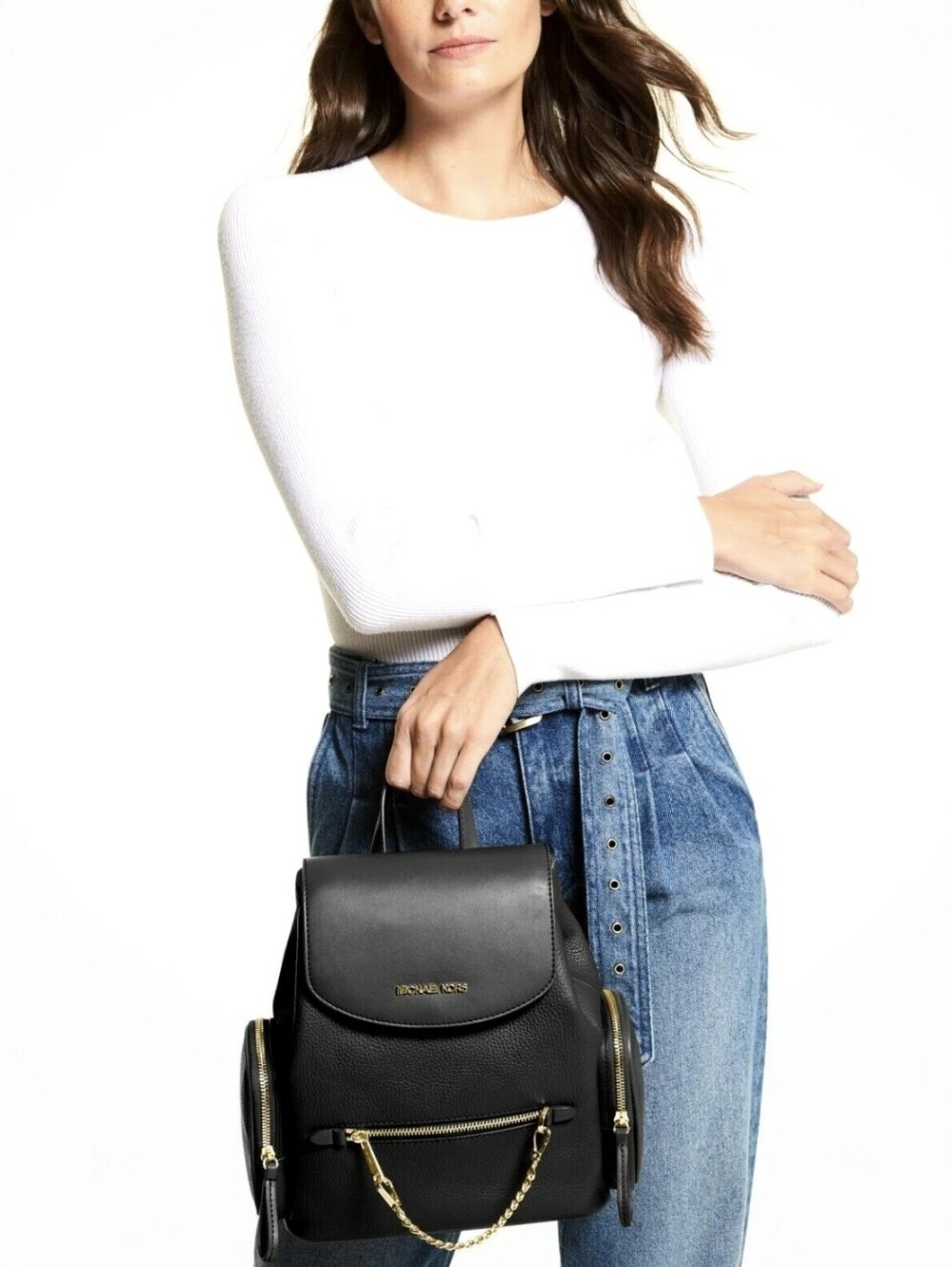 Michael Kors Womens Jet Set Medium Pebbled Black Leather Backpack - Picture 2 of 10